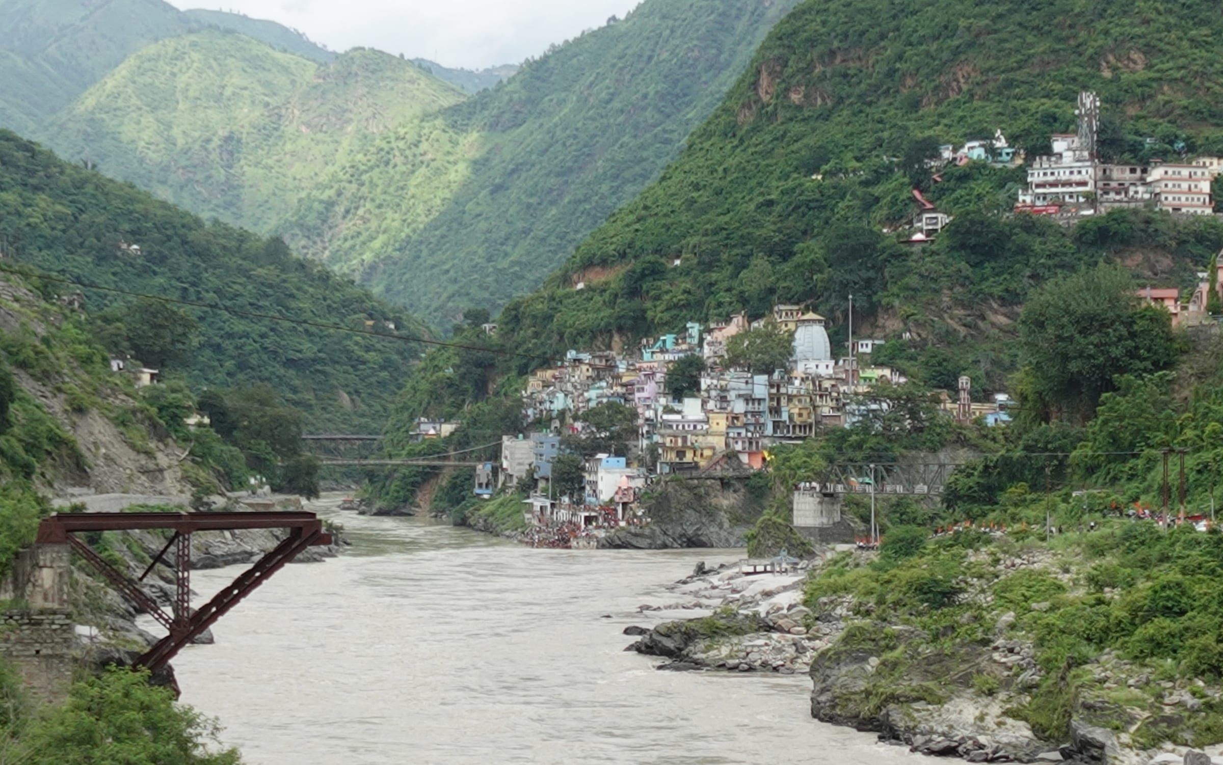 The confluence of Alaknanda and Bhagirathi at Devprayag, Uttarakhand, India. Here onward the river takes the name Ganga.